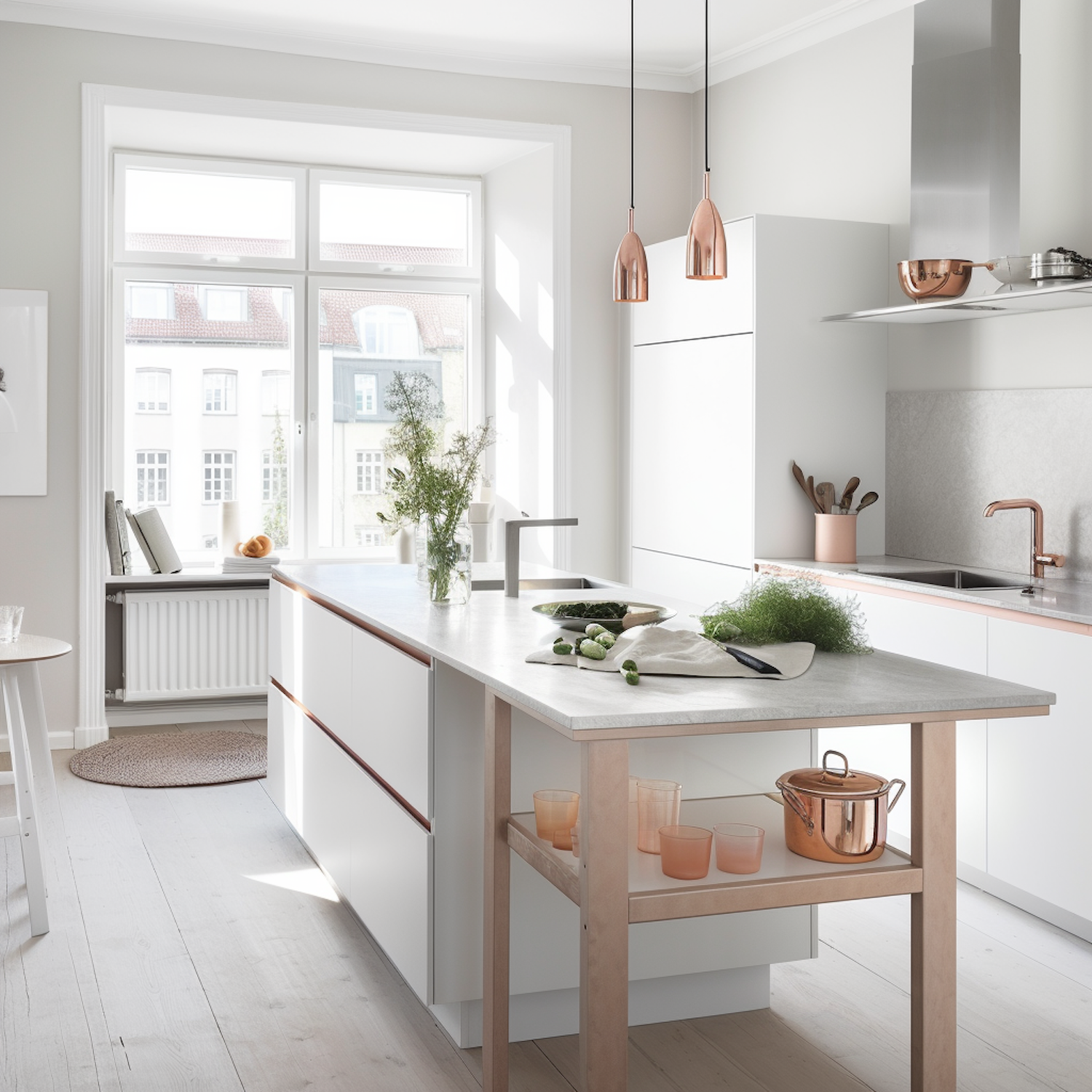 Bright modern kitchen with a white island and large window