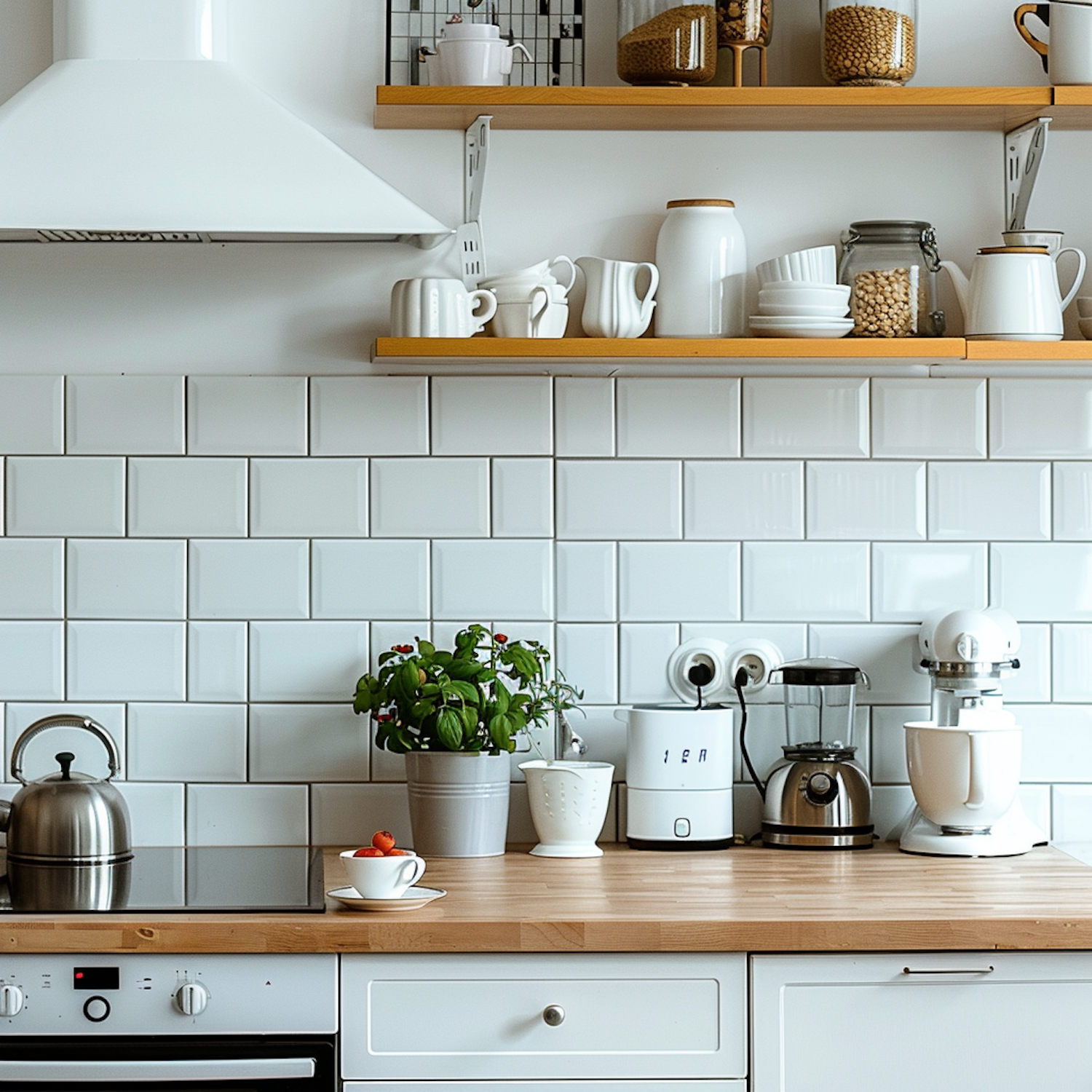 Open wooden shelves above a kitchen worktop with everyday crockery